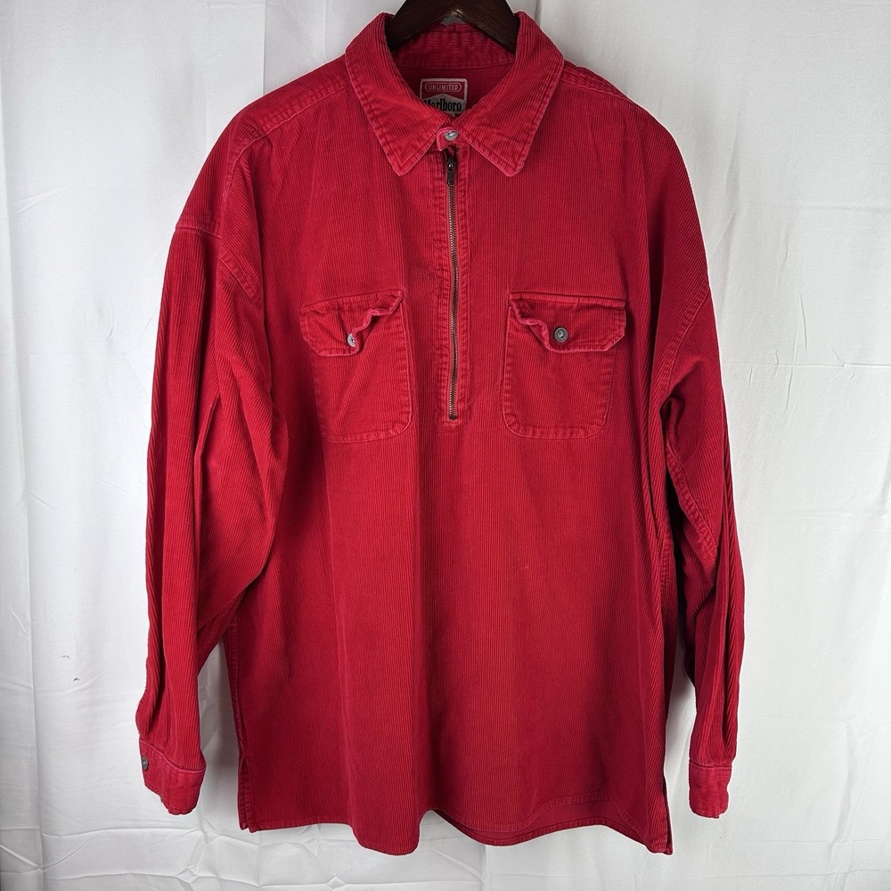 Vintage‎ Marlboro Unlimited Red Corduroy Quarter Zip Pullover Shirt Tobacco XL